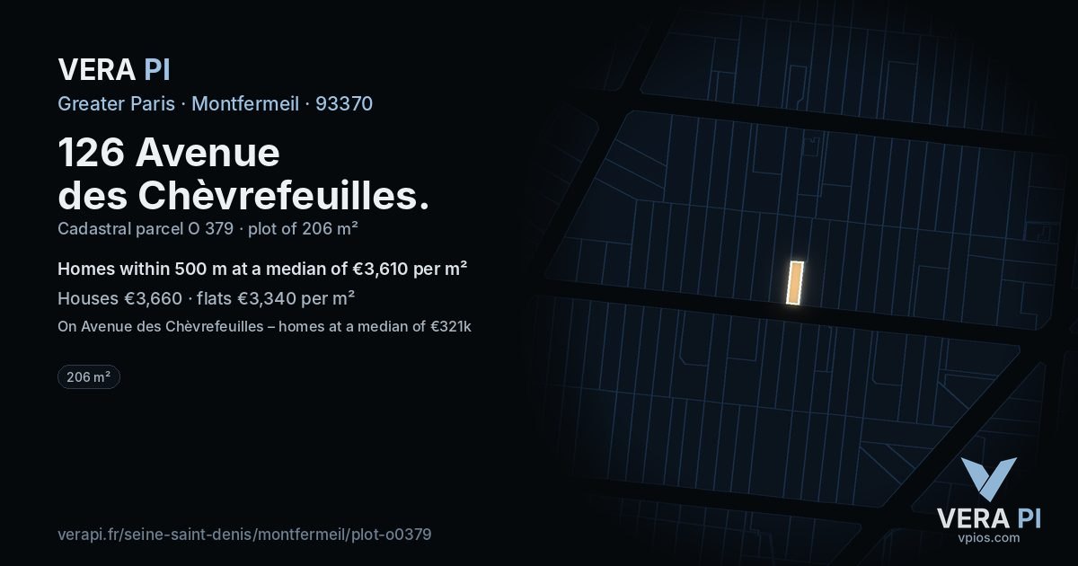 126 Avenue des Chèvrefeuilles, Montfermeil at night – the plot lit, the parcels around coloured by the prices near them