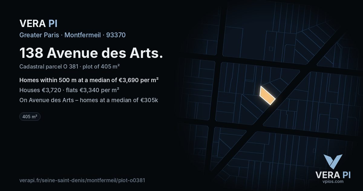 138 Avenue des Arts, Montfermeil at night – the plot lit, the parcels around coloured by the prices near them