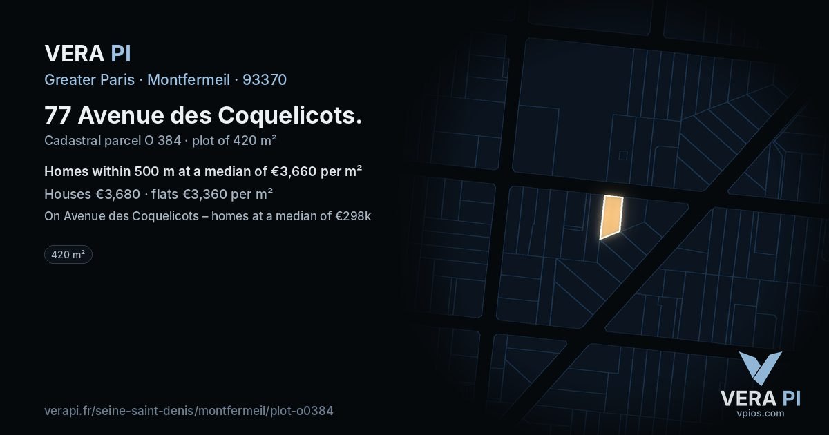 77 Avenue des Coquelicots, Montfermeil at night – the plot lit, the parcels around coloured by the prices near them