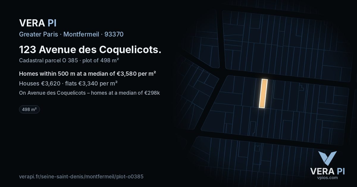 123 Avenue des Coquelicots, Montfermeil at night – the plot lit, the parcels around coloured by the prices near them
