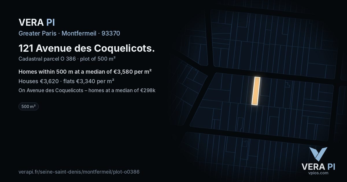 121 Avenue des Coquelicots, Montfermeil at night – the plot lit, the parcels around coloured by the prices near them