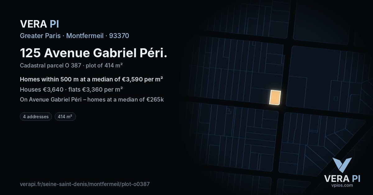 125 Avenue Gabriel Péri, Montfermeil at night – the plot lit, the parcels around coloured by the prices near them
