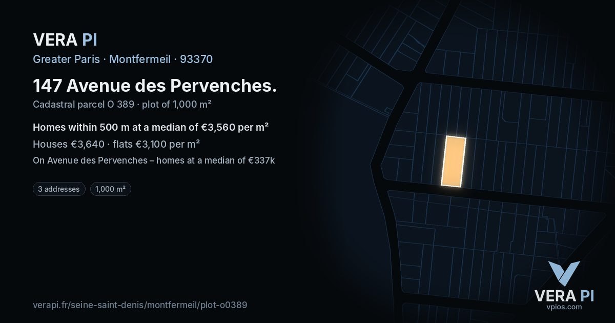 147 Avenue des Pervenches, Montfermeil at night – the plot lit, the parcels around coloured by the prices near them
