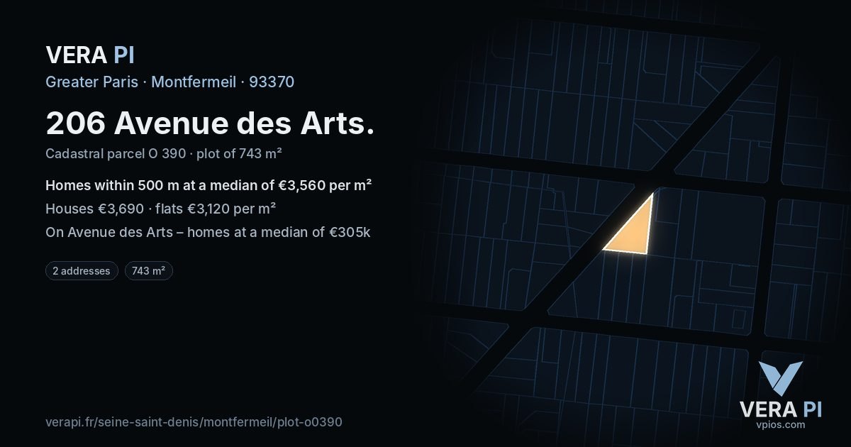 206 Avenue des Arts, Montfermeil at night – the plot lit, the parcels around coloured by the prices near them