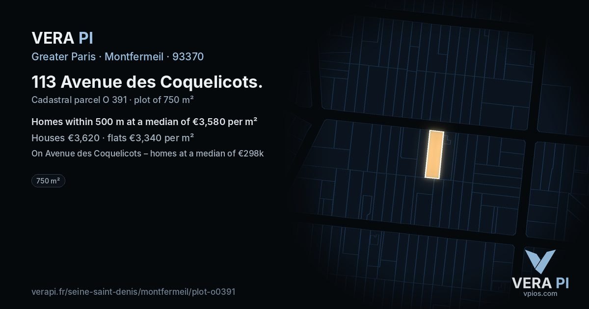 113 Avenue des Coquelicots, Montfermeil at night – the plot lit, the parcels around coloured by the prices near them