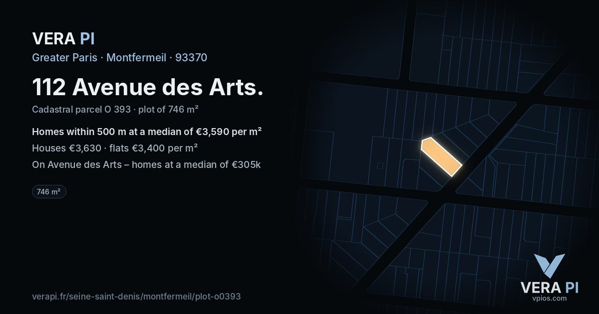 112 Avenue des Arts, Montfermeil at night – the plot lit, the parcels around coloured by the prices near them