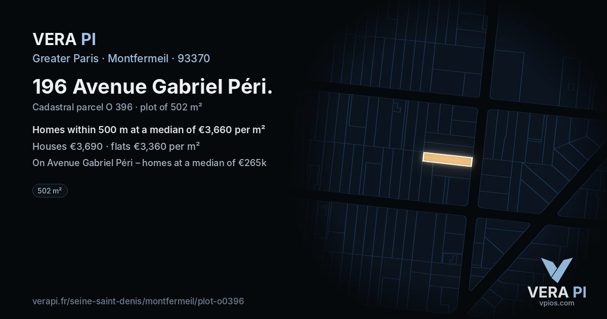 196 Avenue Gabriel Péri, Montfermeil at night – the plot lit, the parcels around coloured by the prices near them