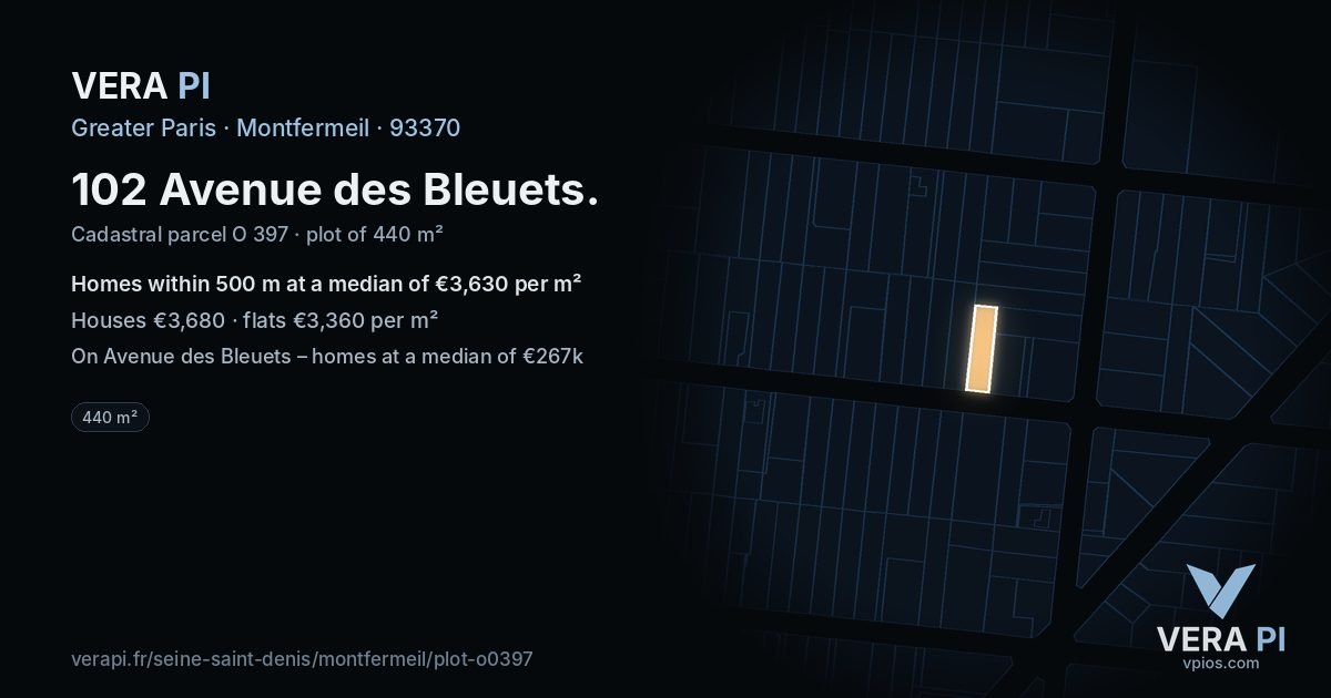102 Avenue des Bleuets, Montfermeil at night – the plot lit, the parcels around coloured by the prices near them