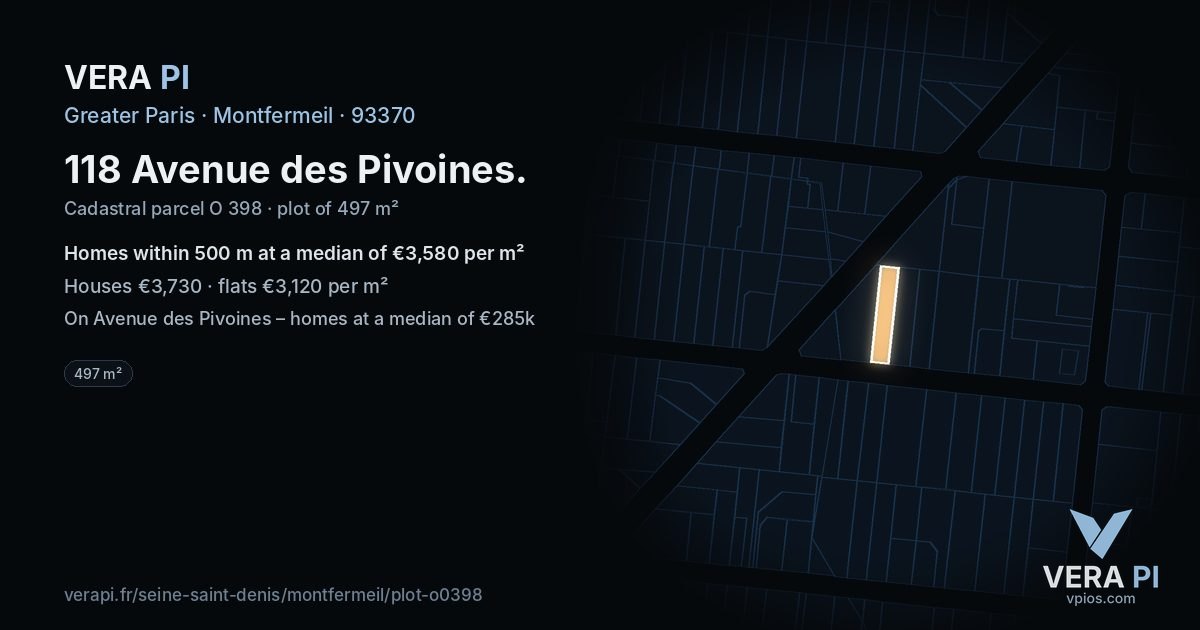 118 Avenue des Pivoines, Montfermeil at night – the plot lit, the parcels around coloured by the prices near them