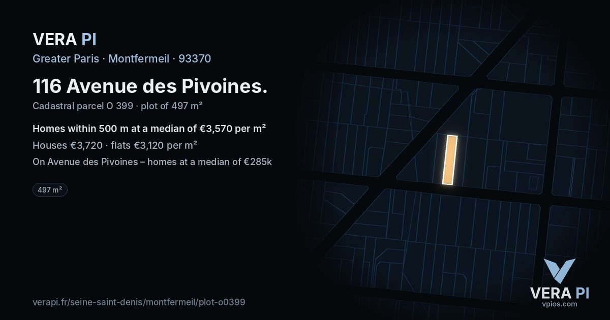 116 Avenue des Pivoines, Montfermeil at night – the plot lit, the parcels around coloured by the prices near them