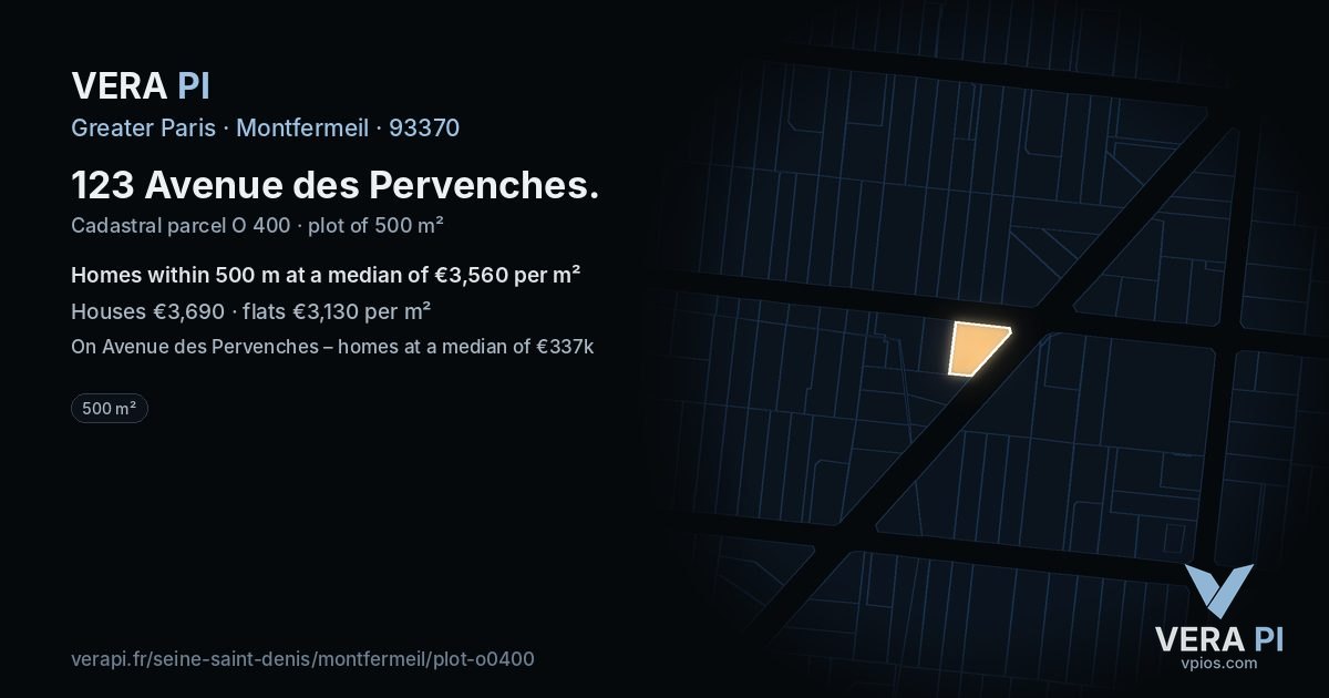 123 Avenue des Pervenches, Montfermeil at night – the plot lit, the parcels around coloured by the prices near them