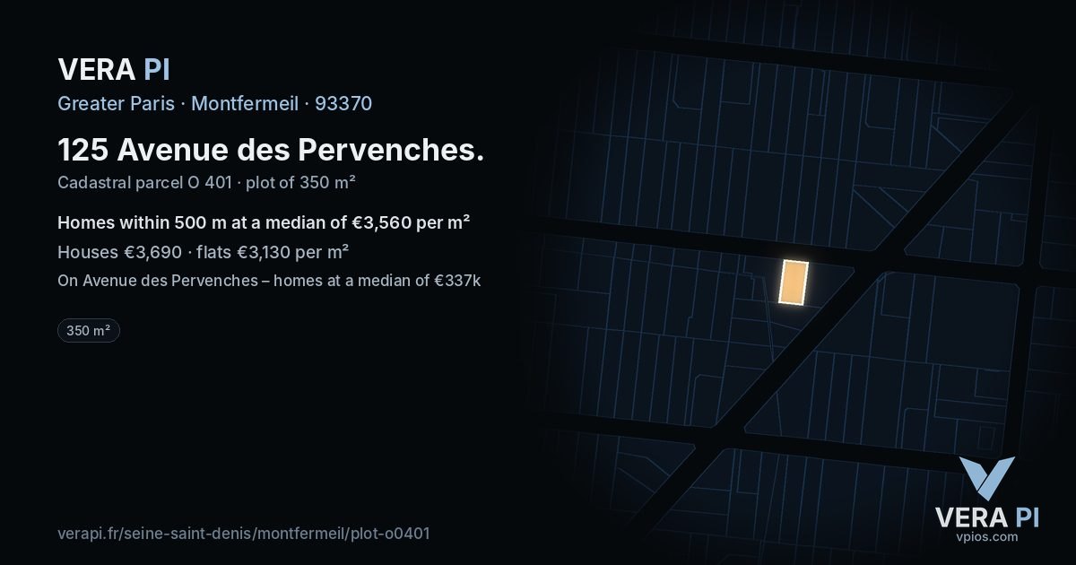 125 Avenue des Pervenches, Montfermeil at night – the plot lit, the parcels around coloured by the prices near them