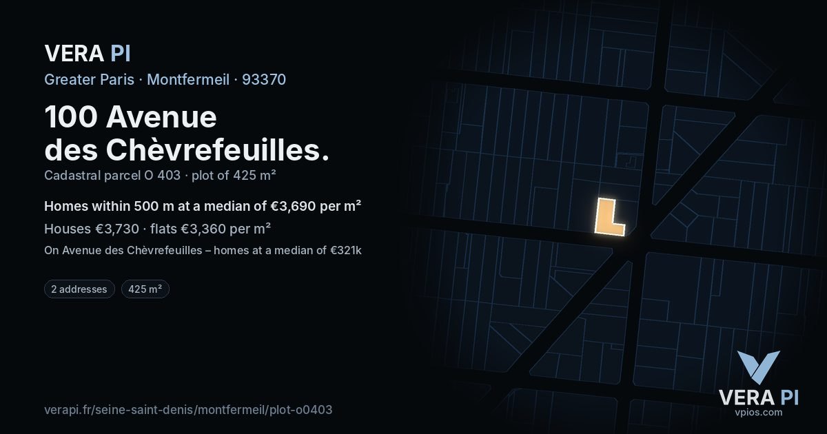 100 Avenue des Chèvrefeuilles, Montfermeil at night – the plot lit, the parcels around coloured by the prices near them