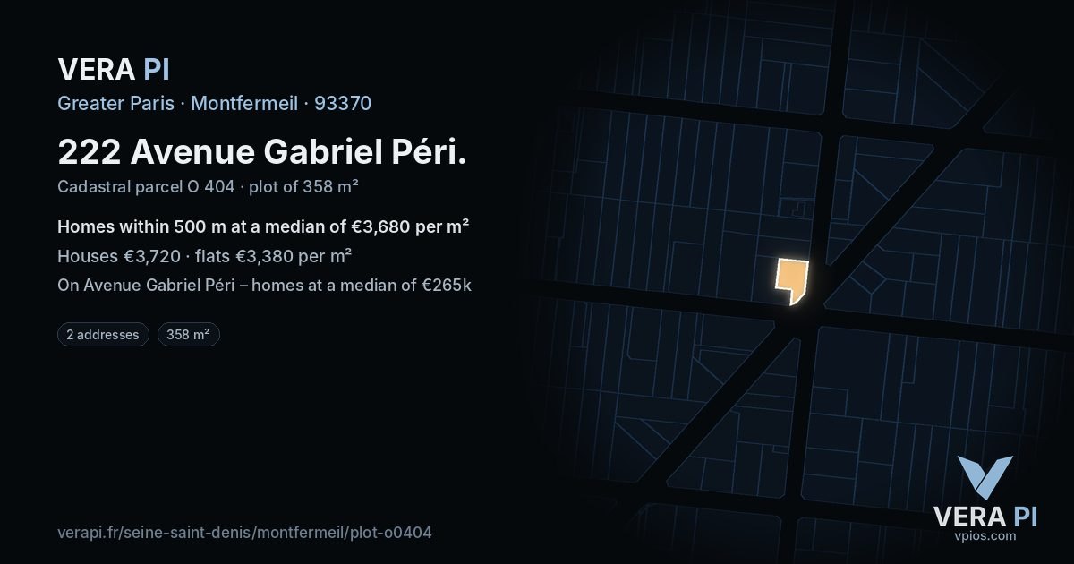 222 Avenue Gabriel Péri, Montfermeil at night – the plot lit, the parcels around coloured by the prices near them