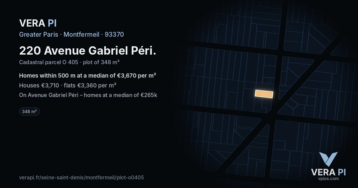 220 Avenue Gabriel Péri, Montfermeil at night – the plot lit, the parcels around coloured by the prices near them