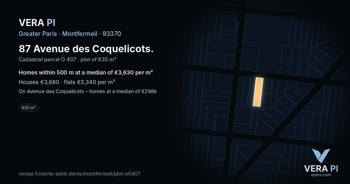 87 Avenue des Coquelicots, Montfermeil at night – the plot lit, the parcels around coloured by the prices near them