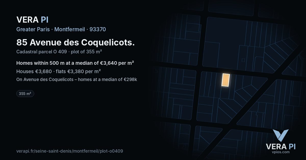 85 Avenue des Coquelicots, Montfermeil at night – the plot lit, the parcels around coloured by the prices near them