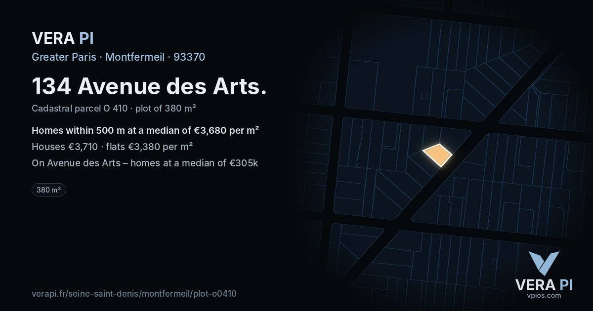 134 Avenue des Arts, Montfermeil at night – the plot lit, the parcels around coloured by the prices near them
