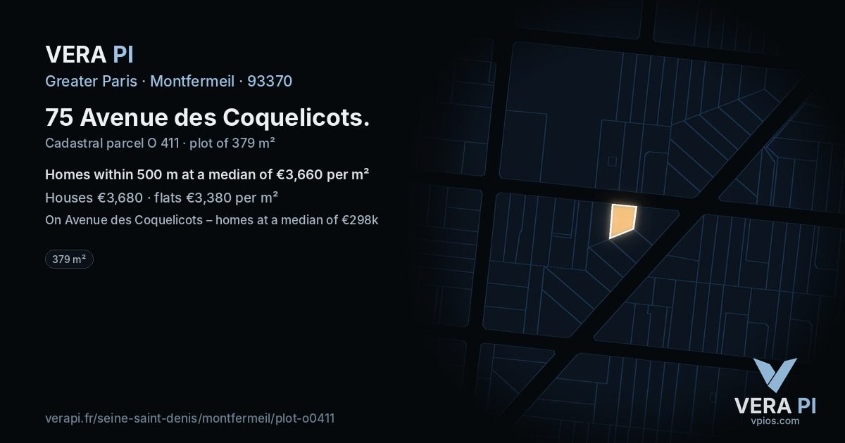 75 Avenue des Coquelicots, Montfermeil at night – the plot lit, the parcels around coloured by the prices near them
