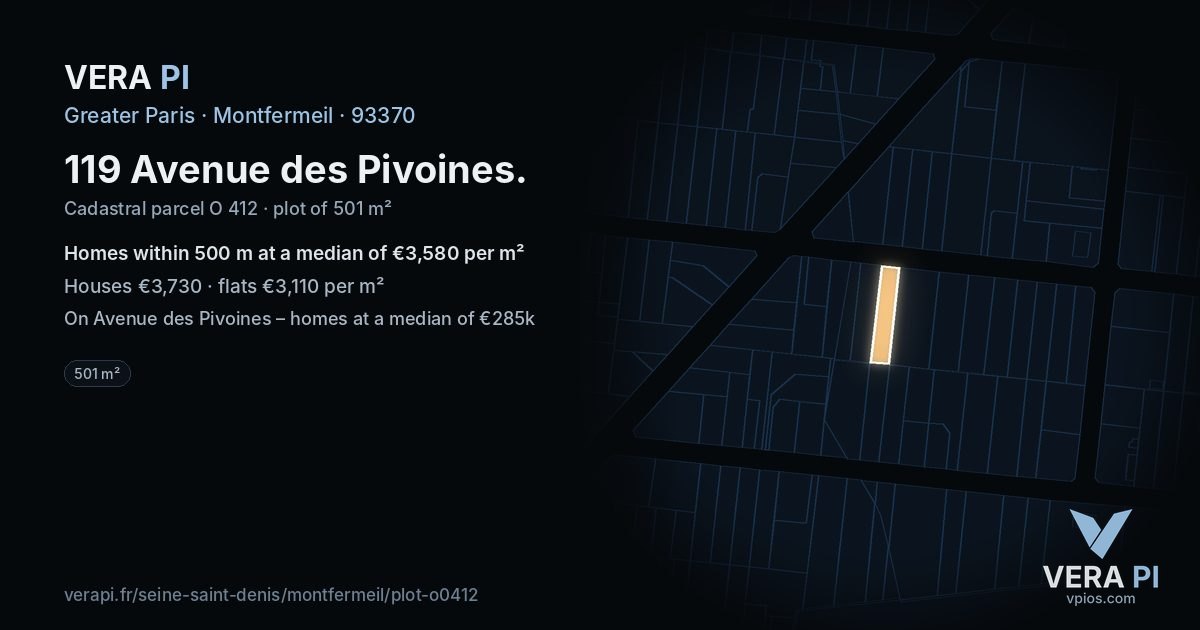 119 Avenue des Pivoines, Montfermeil at night – the plot lit, the parcels around coloured by the prices near them