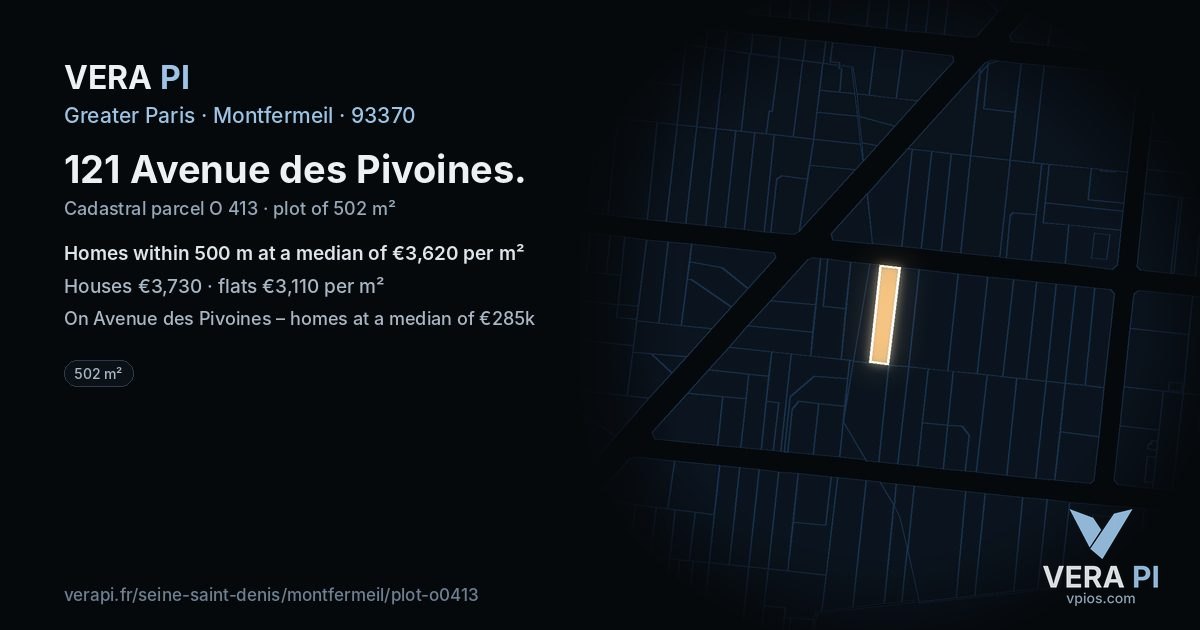 121 Avenue des Pivoines, Montfermeil at night – the plot lit, the parcels around coloured by the prices near them