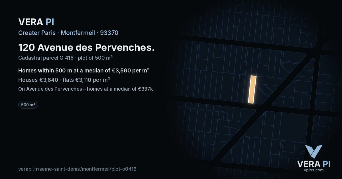 120 Avenue des Pervenches, Montfermeil at night – the plot lit, the parcels around coloured by the prices near them