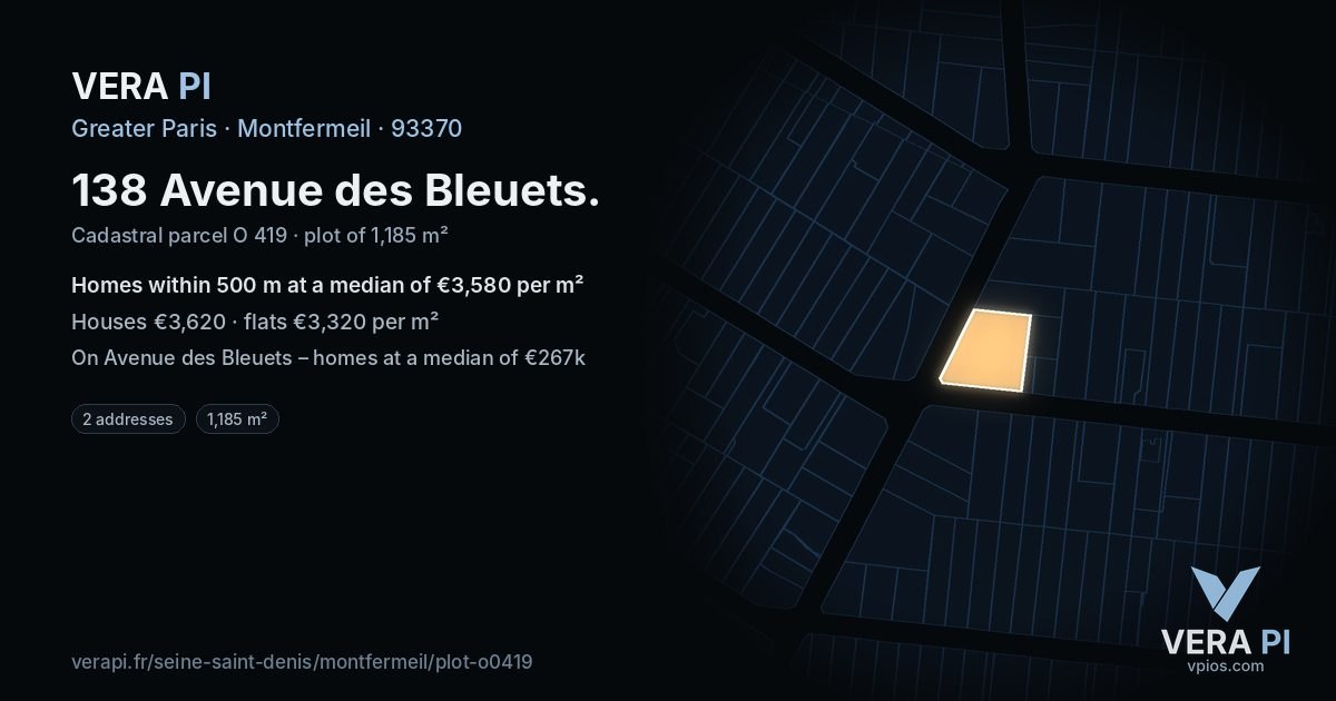 138 Avenue des Bleuets, Montfermeil at night – the plot lit, the parcels around coloured by the prices near them