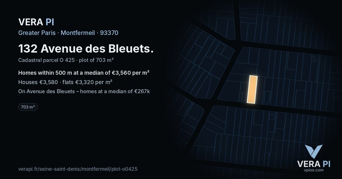 132 Avenue des Bleuets, Montfermeil at night – the plot lit, the parcels around coloured by the prices near them