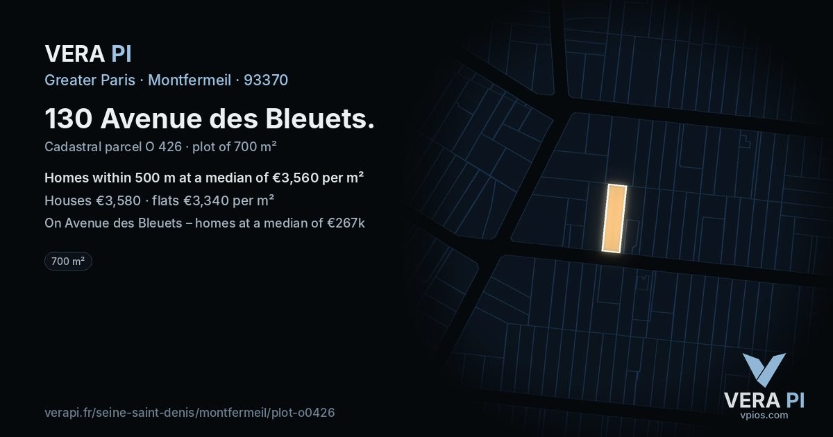 130 Avenue des Bleuets, Montfermeil at night – the plot lit, the parcels around coloured by the prices near them