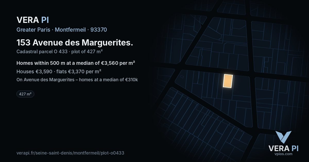 153 Avenue des Marguerites, Montfermeil at night – the plot lit, the parcels around coloured by the prices near them