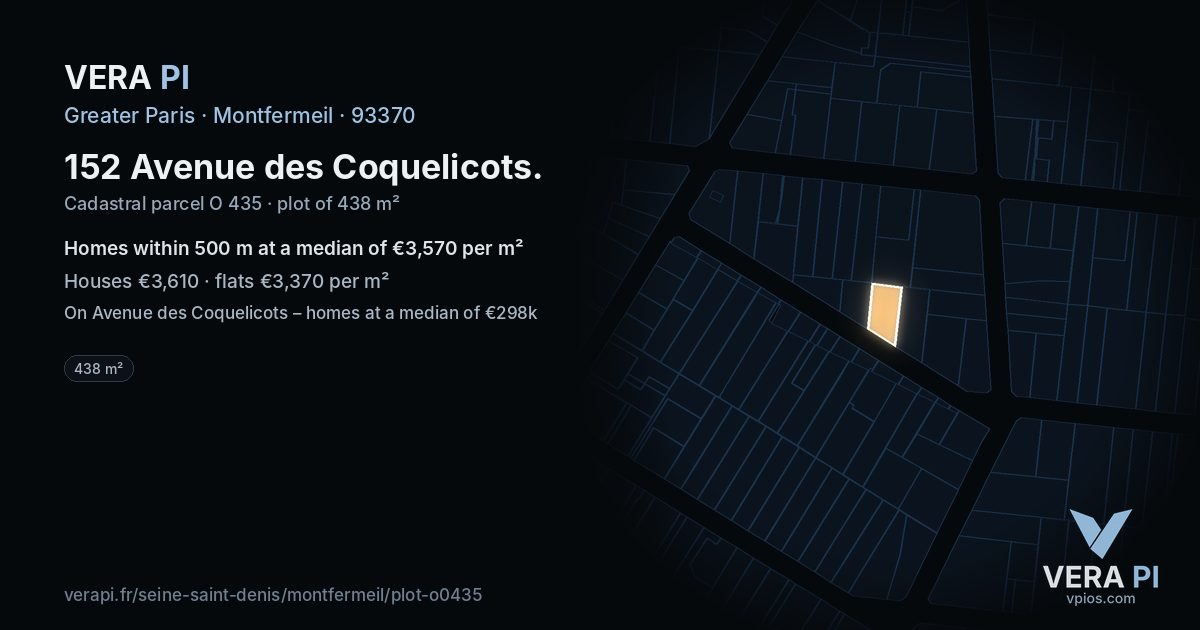 152 Avenue des Coquelicots, Montfermeil at night – the plot lit, the parcels around coloured by the prices near them
