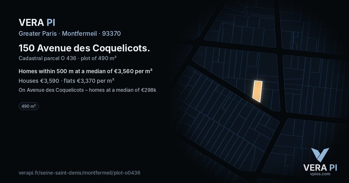 150 Avenue des Coquelicots, Montfermeil at night – the plot lit, the parcels around coloured by the prices near them