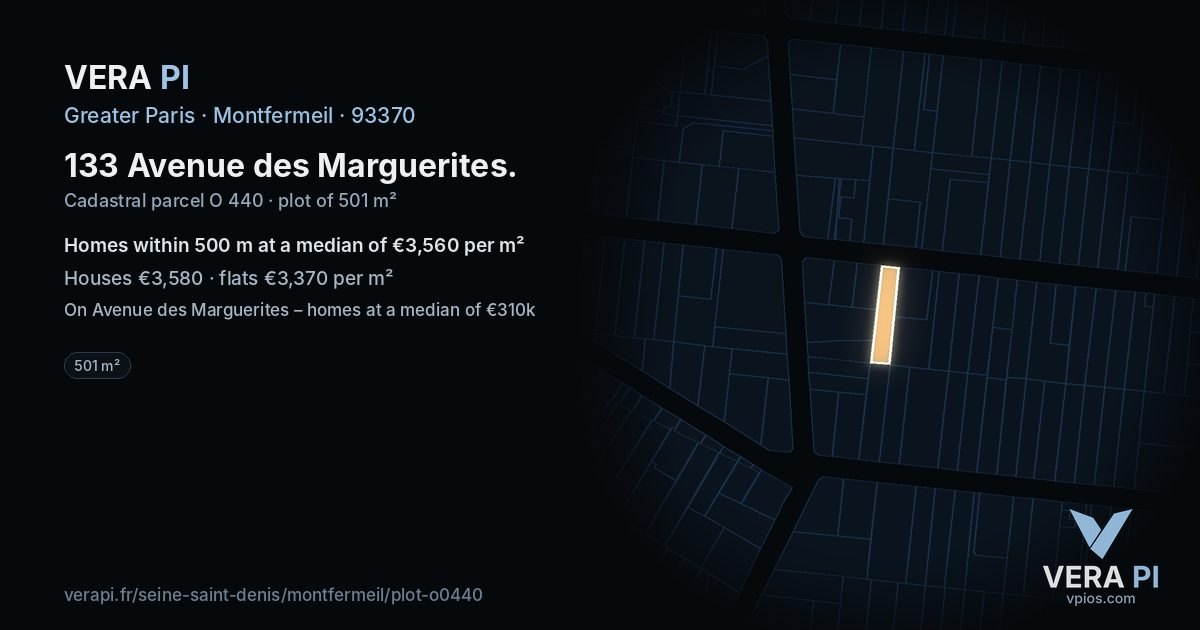 133 Avenue des Marguerites, Montfermeil at night – the plot lit, the parcels around coloured by the prices near them