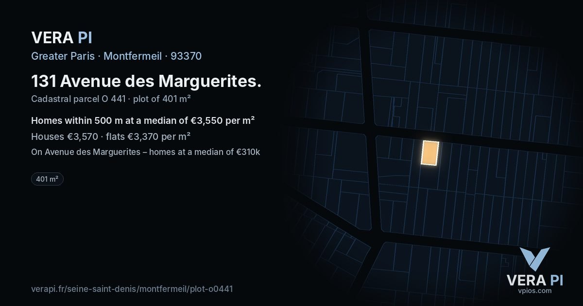 131 Avenue des Marguerites, Montfermeil at night – the plot lit, the parcels around coloured by the prices near them