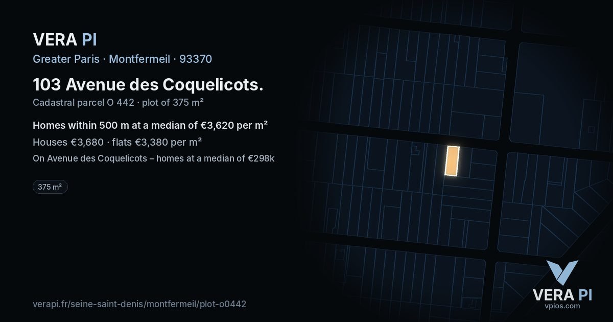 103 Avenue des Coquelicots, Montfermeil at night – the plot lit, the parcels around coloured by the prices near them