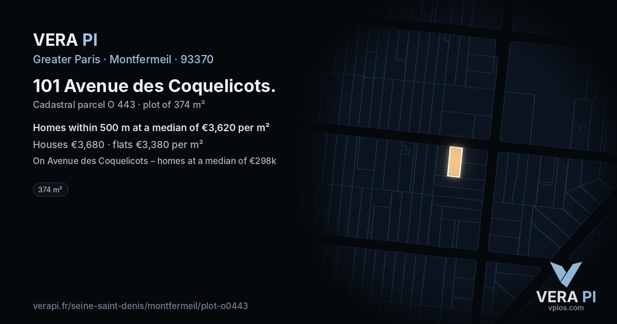 101 Avenue des Coquelicots, Montfermeil at night – the plot lit, the parcels around coloured by the prices near them