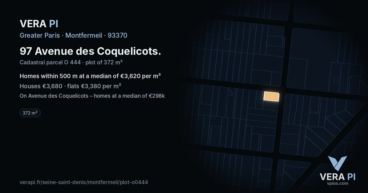 97 Avenue des Coquelicots, Montfermeil at night – the plot lit, the parcels around coloured by the prices near them