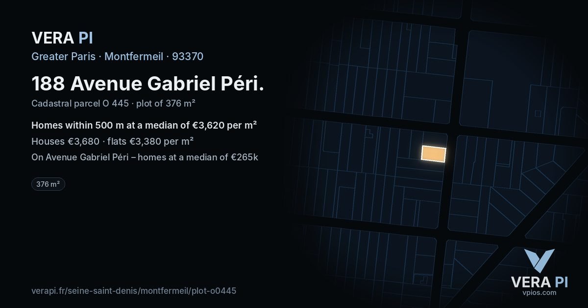 188 Avenue Gabriel Péri, Montfermeil at night – the plot lit, the parcels around coloured by the prices near them