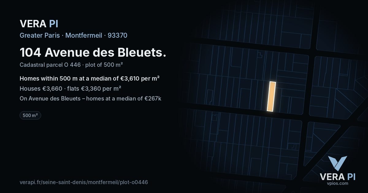 104 Avenue des Bleuets, Montfermeil at night – the plot lit, the parcels around coloured by the prices near them