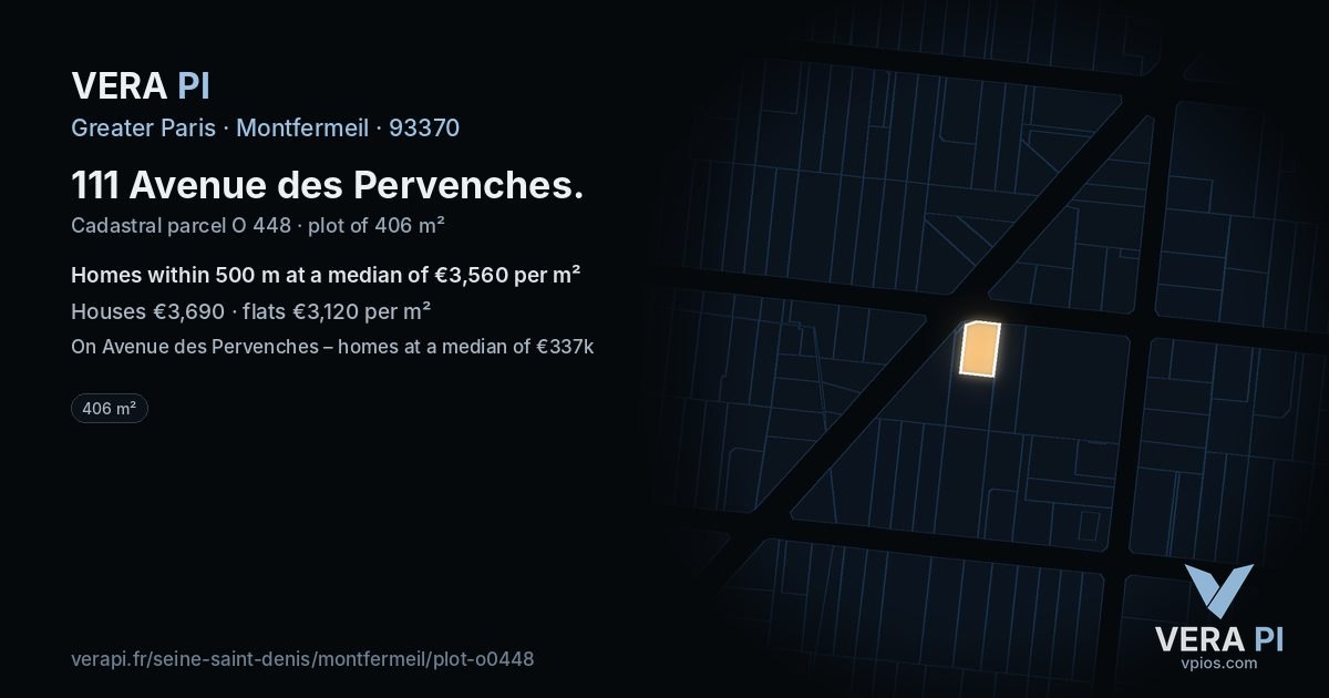 111 Avenue des Pervenches, Montfermeil at night – the plot lit, the parcels around coloured by the prices near them