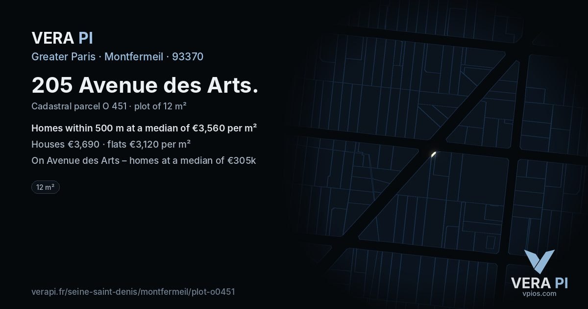 205 Avenue des Arts, Montfermeil at night – the plot lit, the parcels around coloured by the prices near them