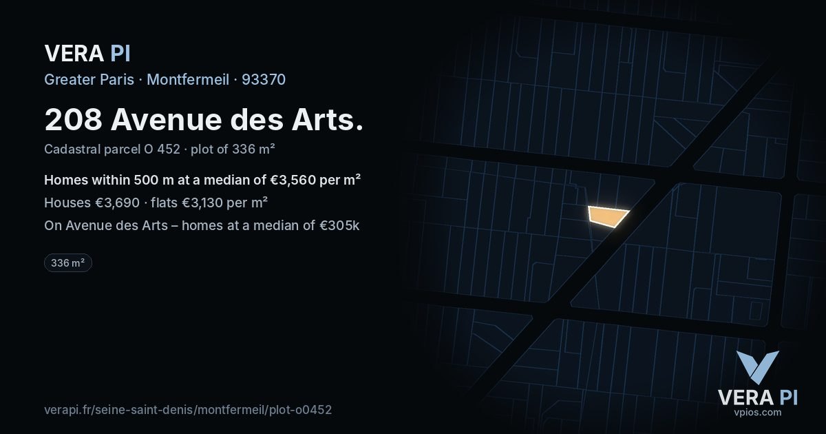 208 Avenue des Arts, Montfermeil at night – the plot lit, the parcels around coloured by the prices near them