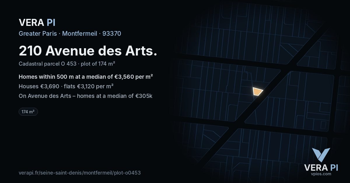 210 Avenue des Arts, Montfermeil at night – the plot lit, the parcels around coloured by the prices near them