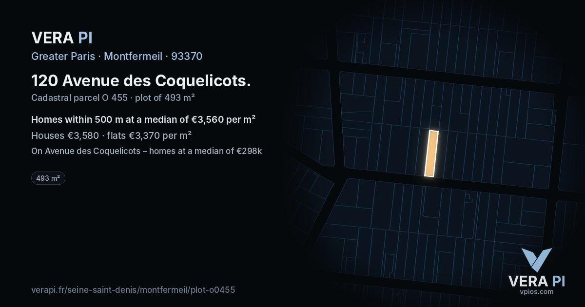 120 Avenue des Coquelicots, Montfermeil at night – the plot lit, the parcels around coloured by the prices near them