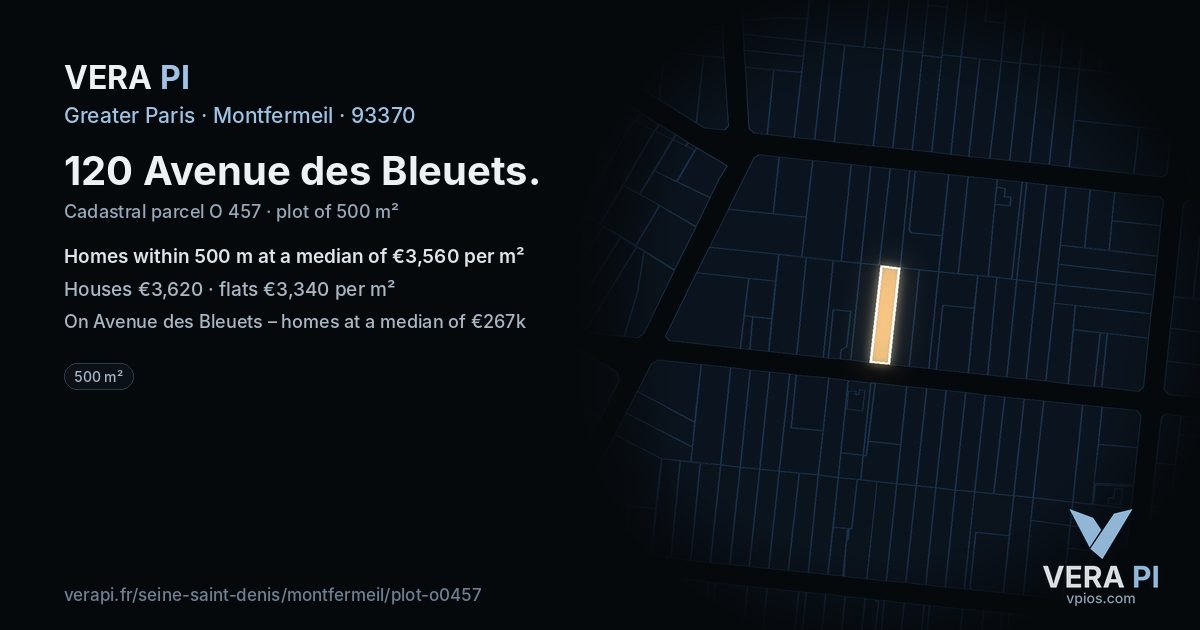 120 Avenue des Bleuets, Montfermeil at night – the plot lit, the parcels around coloured by the prices near them
