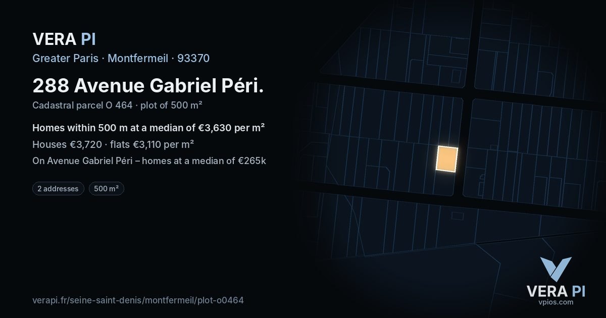 288 Avenue Gabriel Péri, Montfermeil at night – the plot lit, the parcels around coloured by the prices near them