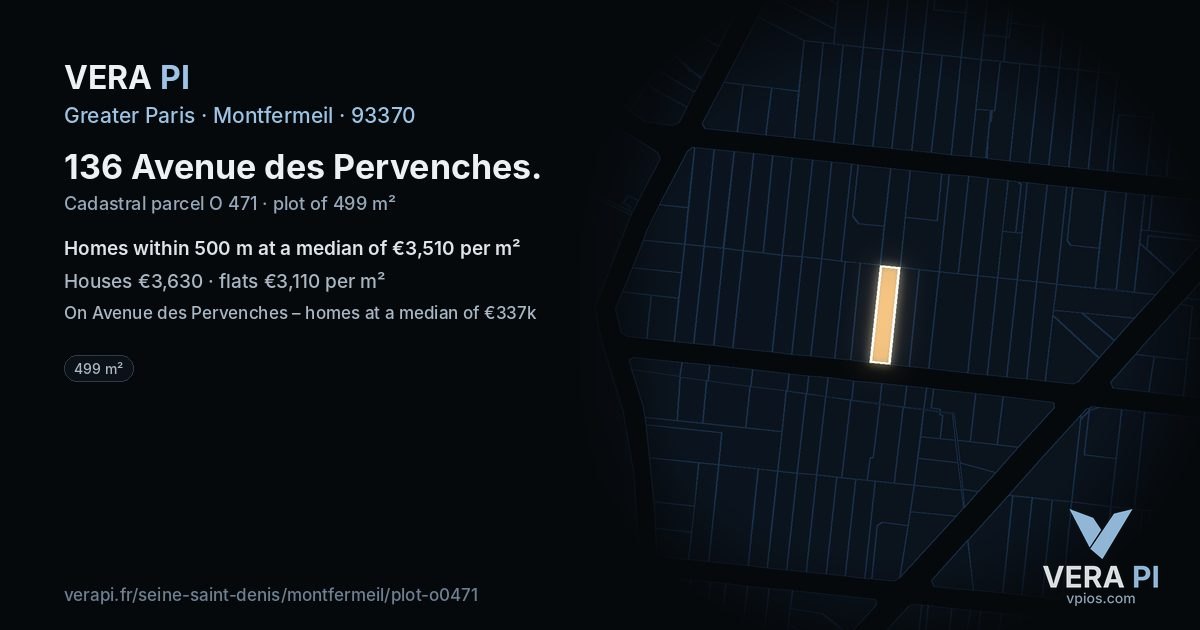 136 Avenue des Pervenches, Montfermeil at night – the plot lit, the parcels around coloured by the prices near them