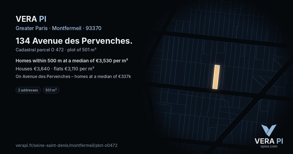 134 Avenue des Pervenches, Montfermeil at night – the plot lit, the parcels around coloured by the prices near them