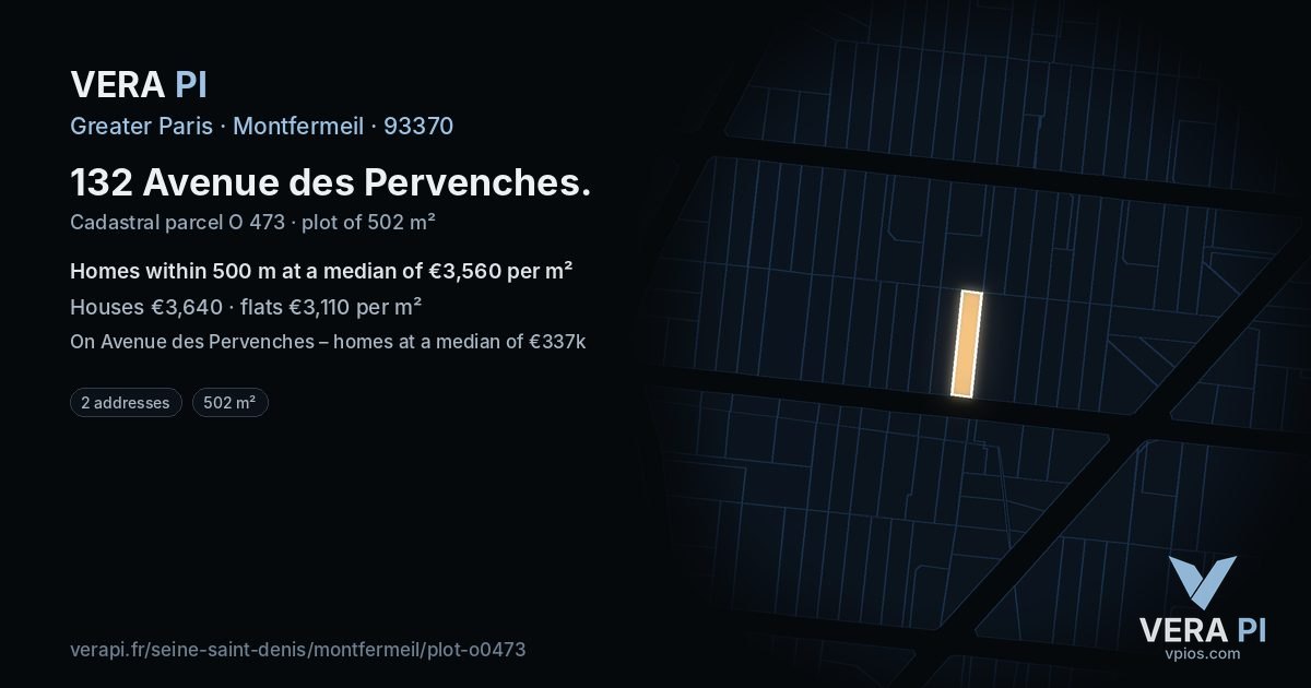 132 Avenue des Pervenches, Montfermeil at night – the plot lit, the parcels around coloured by the prices near them