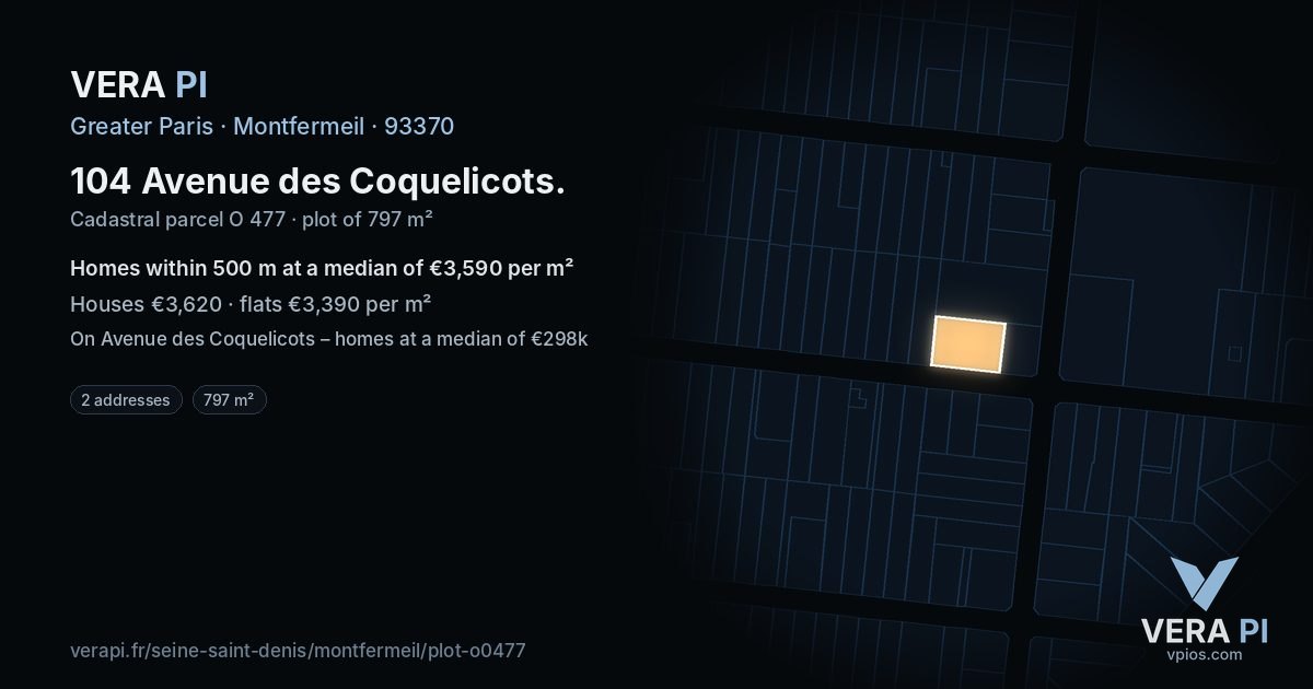 104 Avenue des Coquelicots, Montfermeil at night – the plot lit, the parcels around coloured by the prices near them